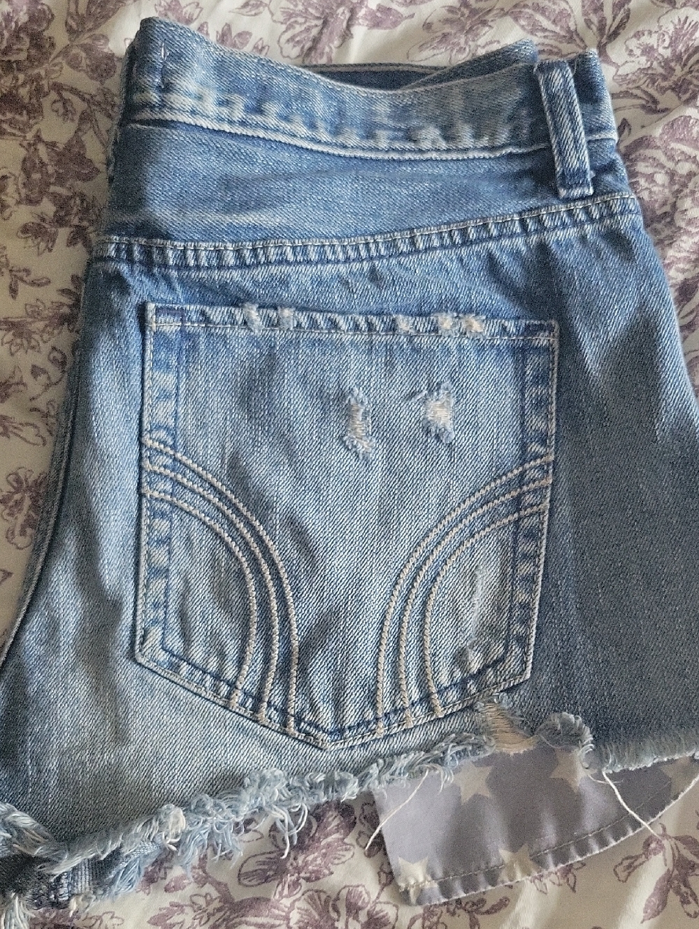 Hollister Light Blue Distressed Denim Jean Shorts Flag Pockets
